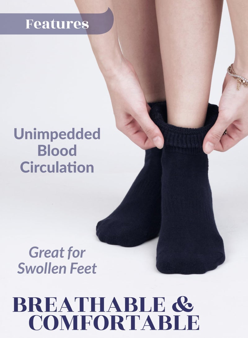 Hugh Ugoli Women's Cotton Diabetic Ankle Socks, Wide, Loose & Stretchy, Seamless Toe & Non Binding Top, Semi Cushion, 3 Pairs, Navy Blue, Shoe Size: 9-12 - Image 4